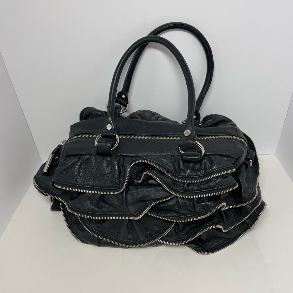 Unique Bodhi Black Leather Zipper Ruffle Details, Zipper Closure, Handles